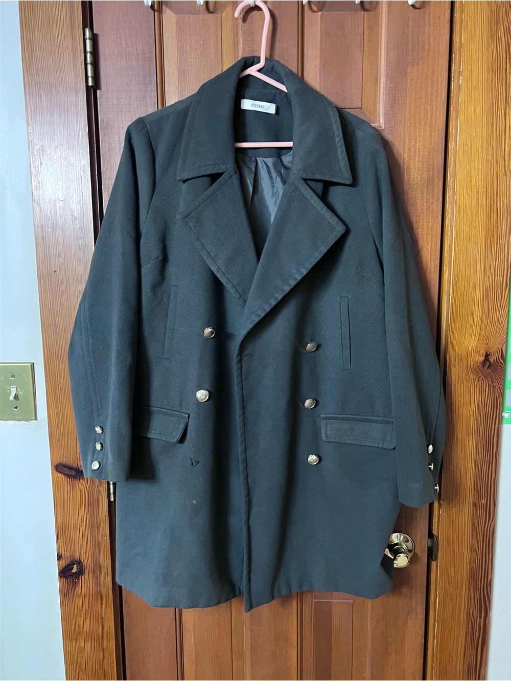JustFab Men's Double-Breasted Black Pea Coat